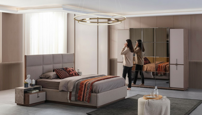 Komplette Schlafzimmer Doppelbett Bett Nachttische Grau 4tlg Schrank