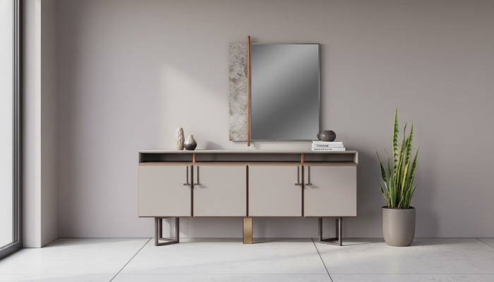 Garnitur Sideboard mit Spiegel Anrichte Schrank Holz Kommode Grau