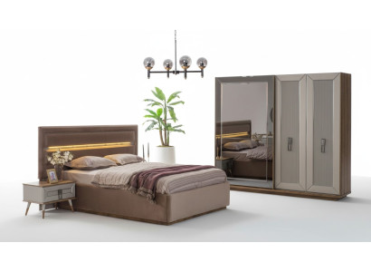 Beige Schlafzimmer Garnitur Modernes Doppelbett Glas Kleiderschrank 4tlg