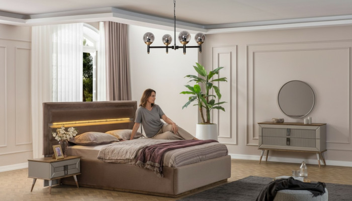Beige Schlafzimmer Luxus Möbel Designer Doppelbett 2x Nachttische 5tlg