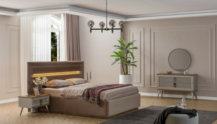 Beige Schlafzimmer Luxus Möbel Designer Doppelbett 2x Nachttische 5tlg