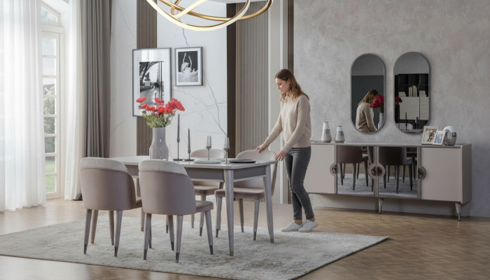 Graue Esszimmergarnitur Esszimmer Stühle Ausziehbarer Tisch Sideboard