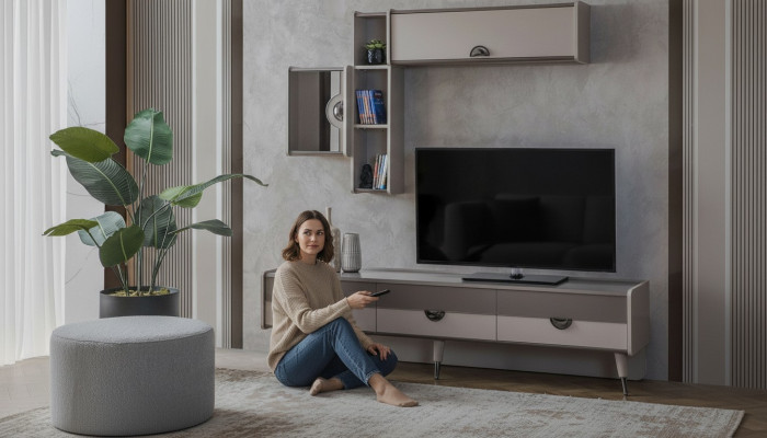 Beiges Wohnzimmer Sideboard Robuster TV-Ständer Lowboard Luxus Regale