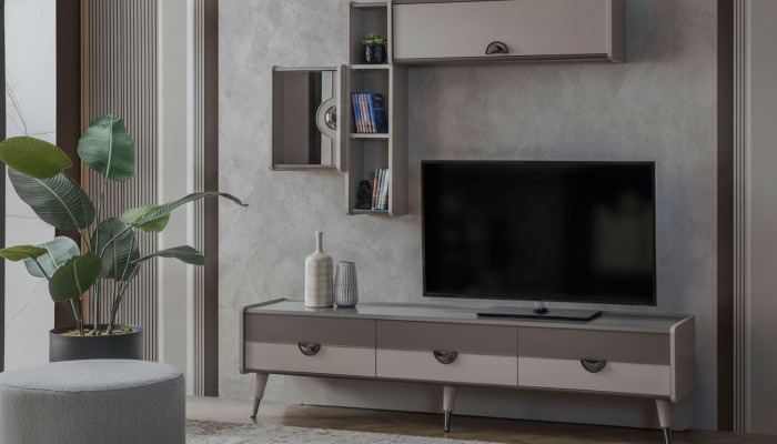 Beiges Wohnzimmer Sideboard Robuster TV-Ständer Lowboard Luxus Regale