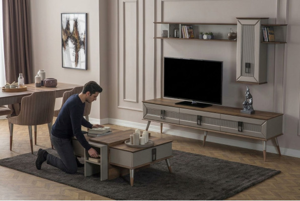 Designer Wohnzimmer Garnitur TV-Ständer Holz Regale Couchtisch RTV Neu