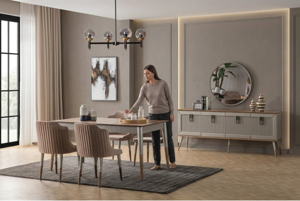 Beige Esszimmer Garnitur Rechteckiger Holz Tisch 6x Polsterstühle 7tlg