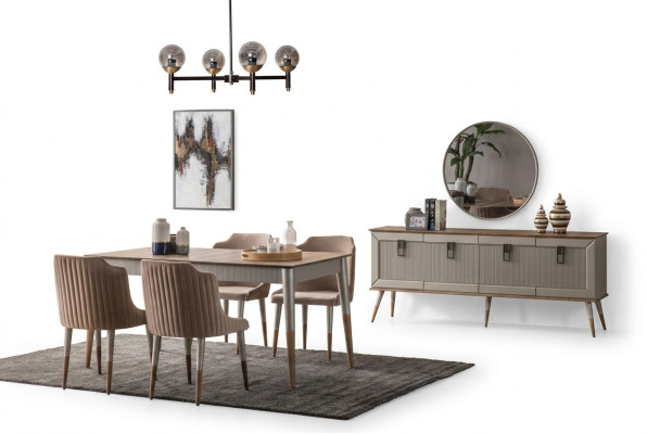 Beige Esszimmer Garnitur Rechteckiger Holz Tisch 6x Polsterstühle 7tlg