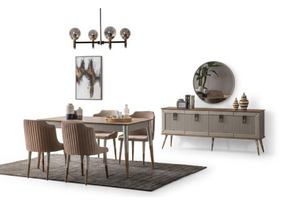 Beige Esszimmer Garnitur Rechteckiger Holz Tisch 6x Polsterstühle 7tlg