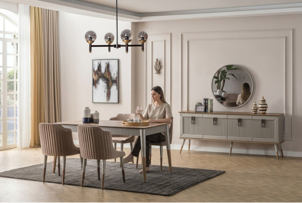 Helle Esszimmer Garnitur Robuster Esstisch Luxuriöses Sideboard 9tlg