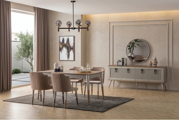 Helle Esszimmer Garnitur Robuster Esstisch Luxuriöses Sideboard 9tlg