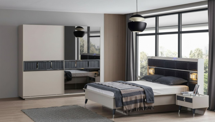 Graue Schlafzimmer Möbel Designer Bett 2x Nachttische Holz Schrank 4tlg