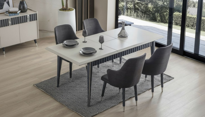 Designer Rechteckiger Weißer Esstisch 6x Graue Polster Stühle 7tlg. Set