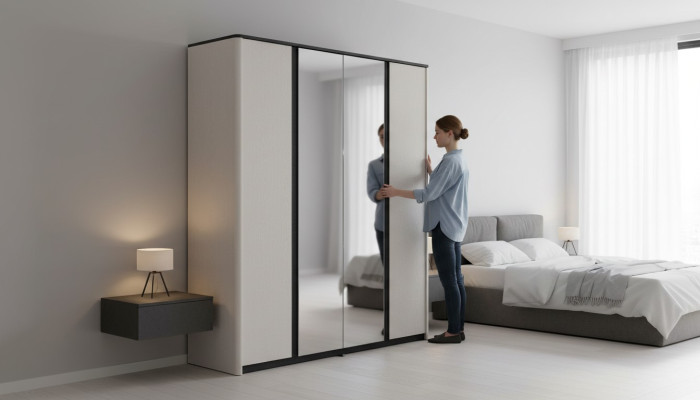 Grauer Schlafzimmerschrank Designer Spiegelschrank Holz Kleiderschrank