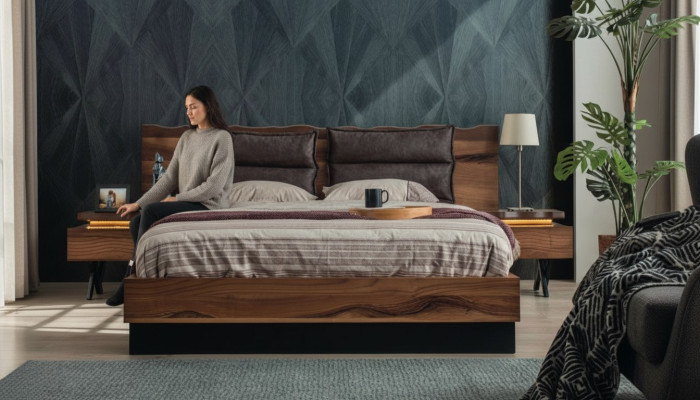 Schlafzimmer Holzgarnitur Robustes Bett 2x Nachttische 3tlg. Luxus Set