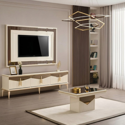 Luxus Wohnwand TV Ständer Wandpanel Wohnzimmer RTV Lowboard Gold