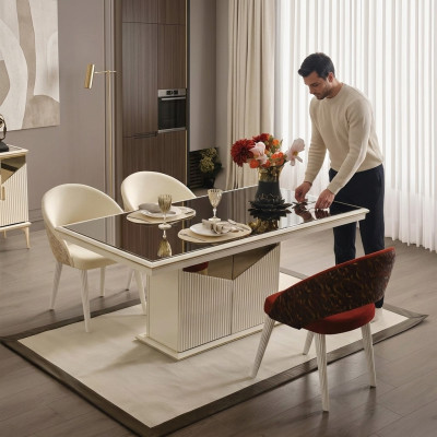 Esszimmertisch Esstisch Tisch Esszimmer Essecke Beige Holz Gold Luxus