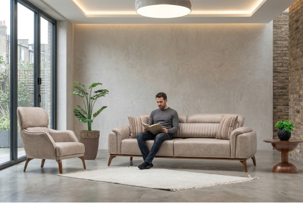 Komplette Beige Kunstleder Sofas Designer Leder Dreisitzer Einzel Sessel