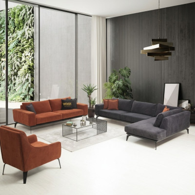 Grau-Orange Couchgarnitur Luxuriöse Wohnzimmer Möbel 3-Sitzer Ecksofa
