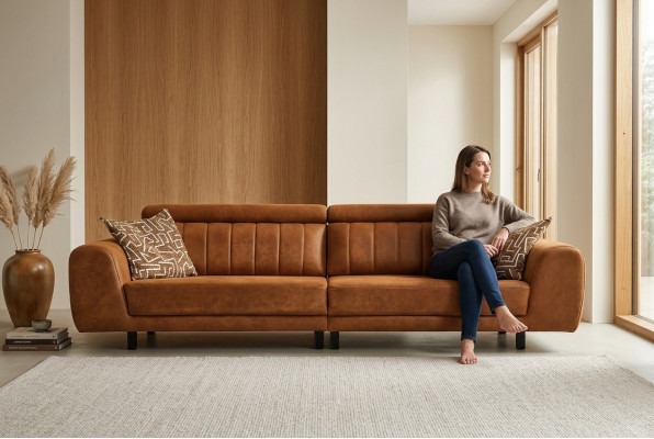 Luxus Viersitzer Couch Braun Kunstleder Sofa 4 Sitzer Polstersofa
