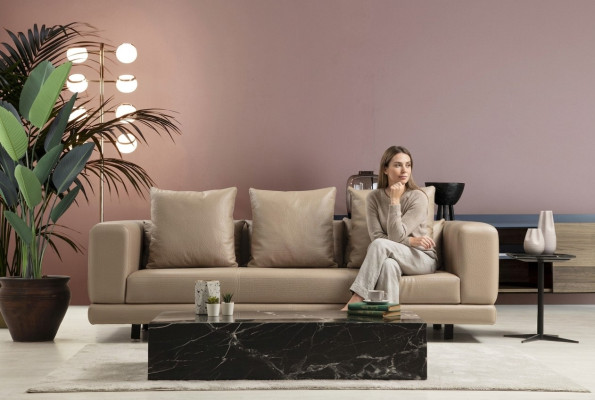 Dreisitzer Couch Beige Sofa 3 Sitzer Polstersofa Modern Kunstleder