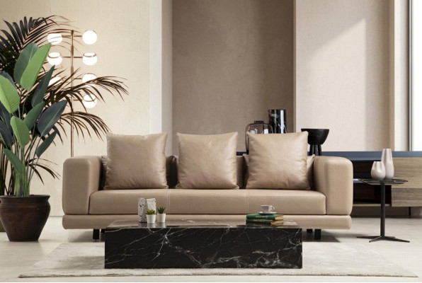 Dreisitzer Couch Beige Sofa 3 Sitzer Polstersofa Modern Kunstleder