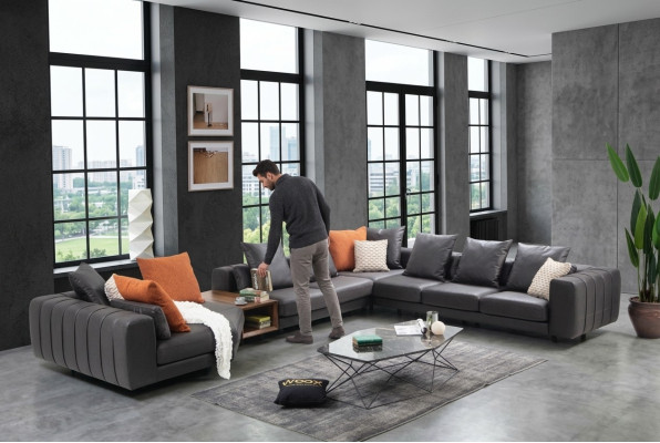 Große Wohnlandschaft Sofa Ecksofa U form Polstersofa Grau Stoffsofa