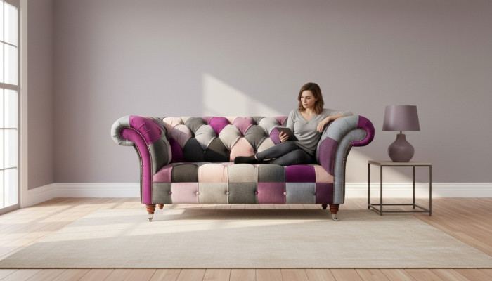 Chesterfield Stoffsofa Couch Polster Design 2 Sitzer Textil Sofas Grau