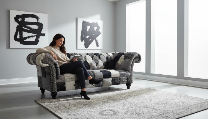 Luxuriöses Samtsofa im Chesterfield-Design mit bunten Karos