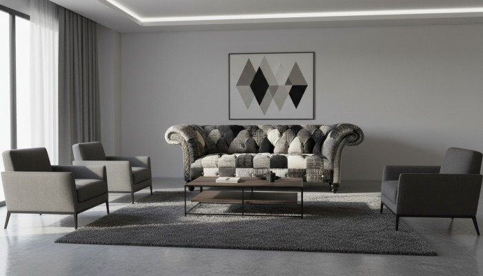 Luxuriöses Samtsofa im Chesterfield-Design mit bunten Karos
