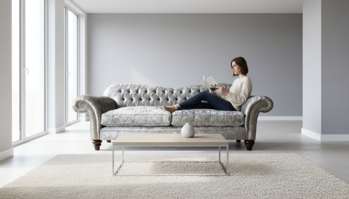 Luxuriöses klassisches Chesterfield-Sofa mit drei Sitzplätzen in Grau