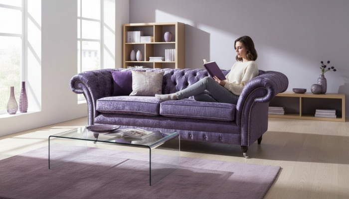 Chesterfield Dreisitzer Sofa 3 Sitzer Wohnzimmer Sofa Lila Stoff Couch