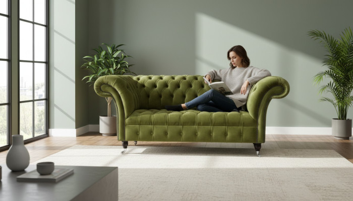 Sofa 2 Sitzer Couch Polster Sofa Stoff Chesterfield Couchen Grün Neu