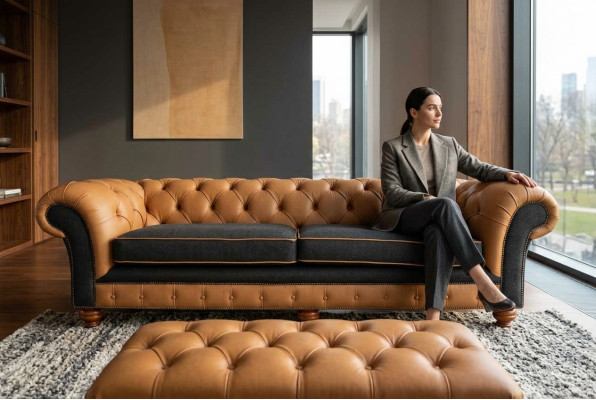 Stilvolles 4 Sitzer Wohnzimmer Sofa Polster Couch Big Couchen Chesterfield Leder Textil Neu