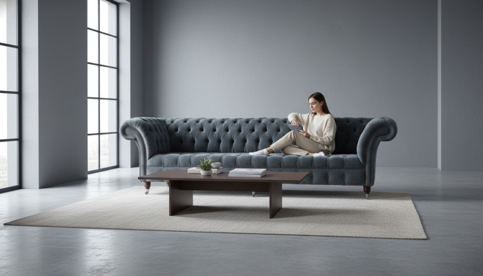 Viersitzer Sofa 4 Sitzer Sofas Modern Grau Design Stoff Chesterfield