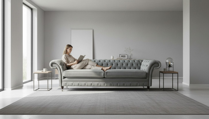 Sofa 4 Sitzer Couch Chesterfield Polster Sitz Textil Grau Wohnzimmer