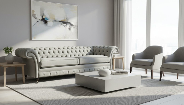 Sofa 4 Sitzer Couch Chesterfield Polster Sitz Textil Grau Wohnzimmer