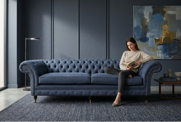 Design Chesterfield Sofa 4 Sitzer Stoff Couch Blau Polster Wohnzimmer