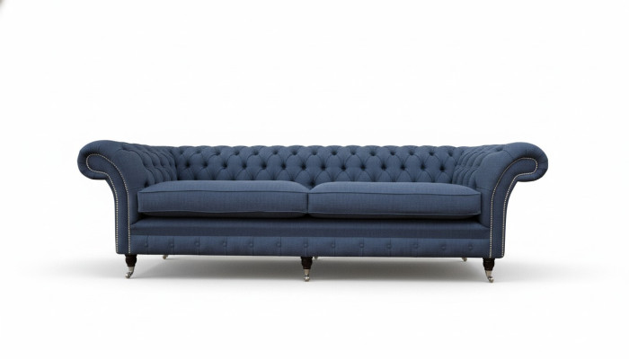 Design Chesterfield Sofa 4 Sitzer Stoff Couch Blau Polster Wohnzimmer