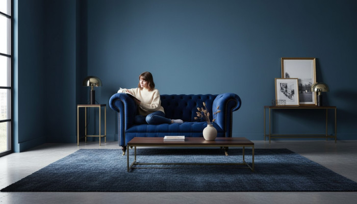 Chesterfield Büro Sitzmöbel Einrichtung Sofa Couch 2 Sitz Textil Blau
