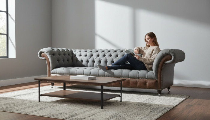 Englische Chesterfield Luxus Textil Sofa 4 Sitzer Sofa Polster Design Stoffsofas