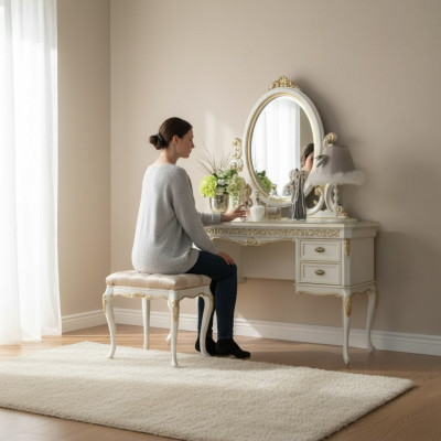Schminktisch Spiegel Hocker Komplett Set Weiß Kommode Schlafzimmer Neu