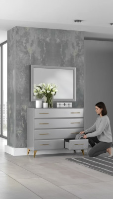 Kommode Spiegel Schlafzimmer Holz modernes Design Luxus neu grau