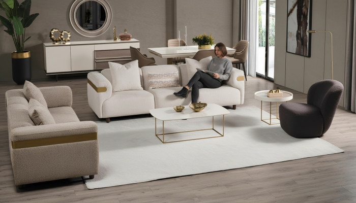Moderne Beige Sofagarnitur 4+3 Sitzer + Sessel Wohnzimmer Luxus Set 3tlg