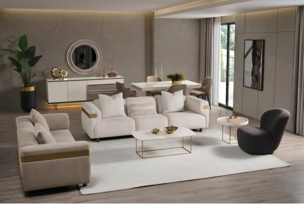 Moderne Beige Sofagarnitur 4+3 Sitzer + Sessel Wohnzimmer Luxus Set 3tlg