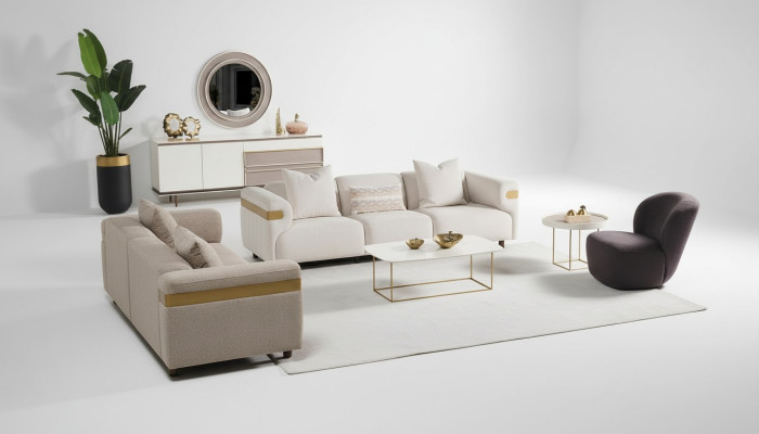 Moderne Beige Sofagarnitur 4+3 Sitzer + Sessel Wohnzimmer Luxus Set 3tlg