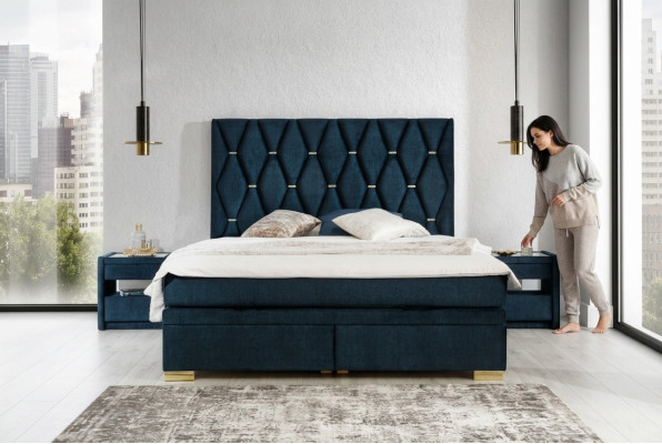 Blaue Schlafzimmer Textil Garnitur Edle Nachttische Edelstahlbett 3tlg