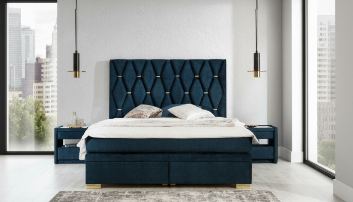 Blaue Schlafzimmer Textil Garnitur Edle Nachttische Edelstahlbett 3tlg