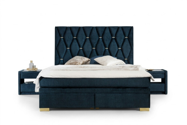 Blaue Schlafzimmer Textil Garnitur Edle Nachttische Edelstahlbett 3tlg