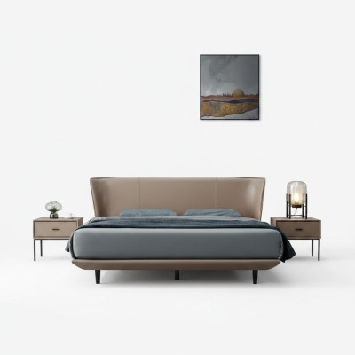 Beiges Kunstleder Schlafzimmer Doppelbett Designer Holzgestell Betten