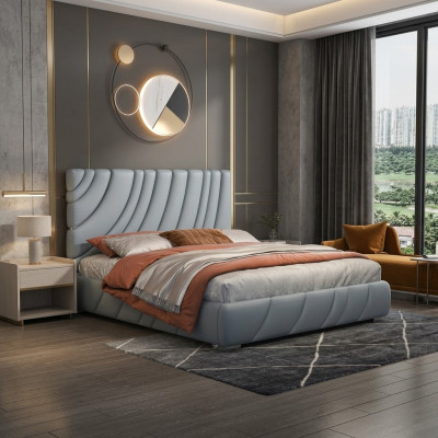 Graues Kunstleder Doppelbett Modernes Edelstahlbett Luxus Holzgestell